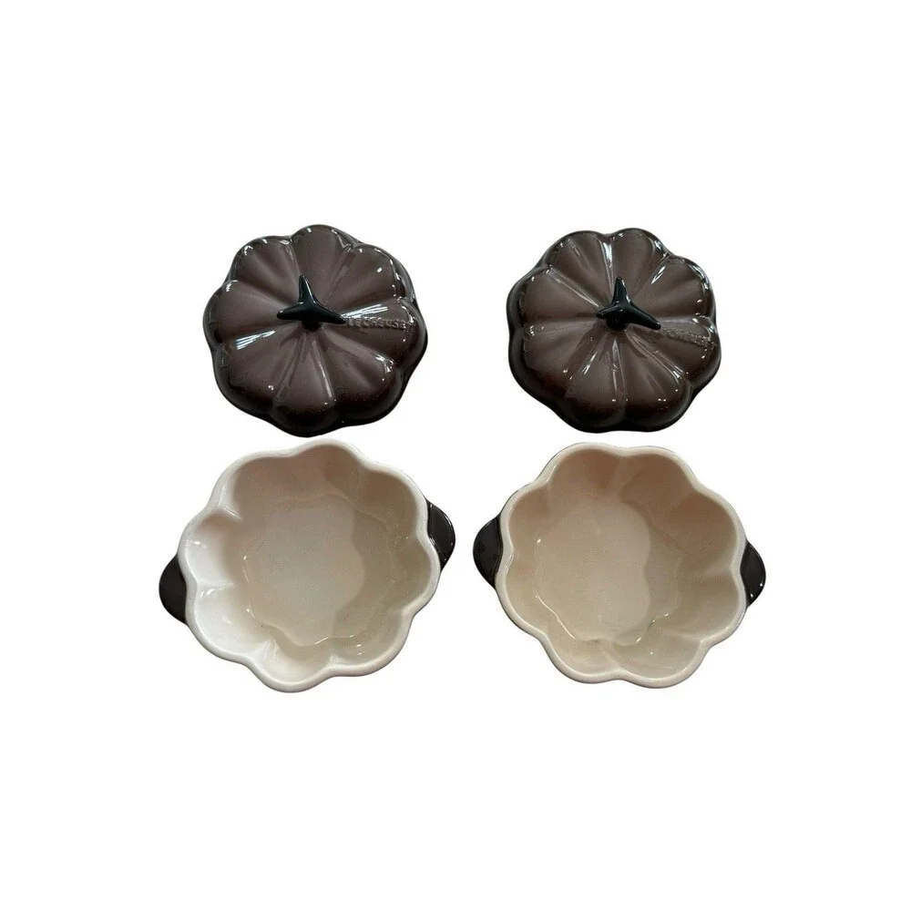Set Of 2 Le Creuset Rare Cacao Brown Pumpkin Mini Cocotte Covered Dish 12 oz